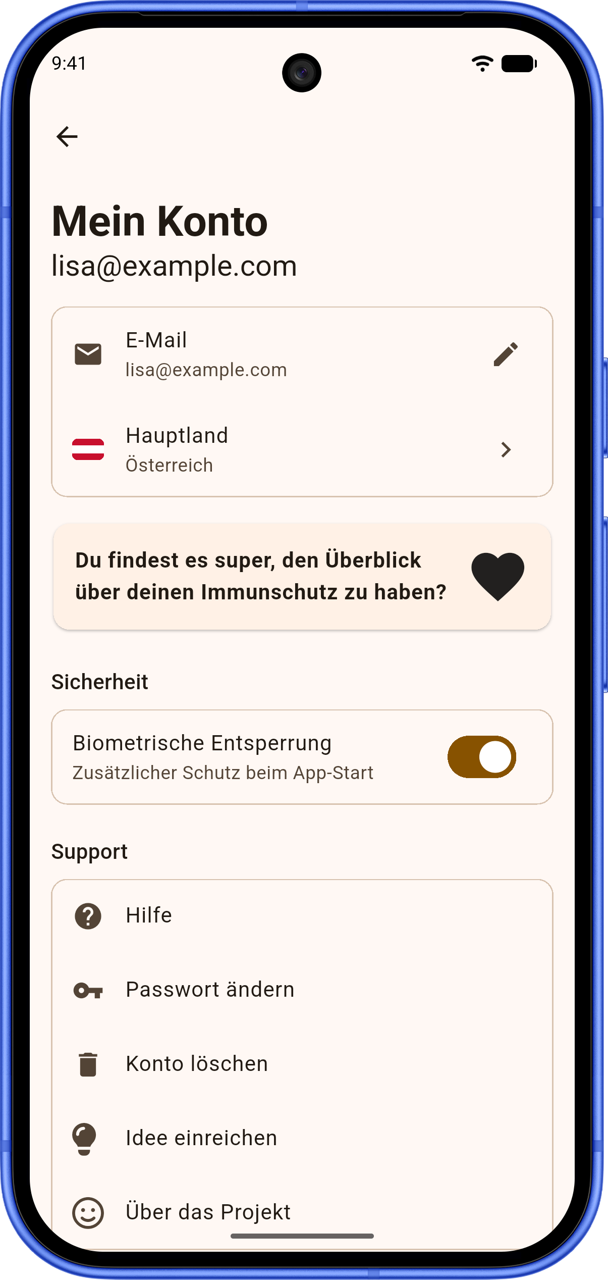 Android-App: aktivierte biometrische Entsperrung unter Mein Konto und Sicherheit.