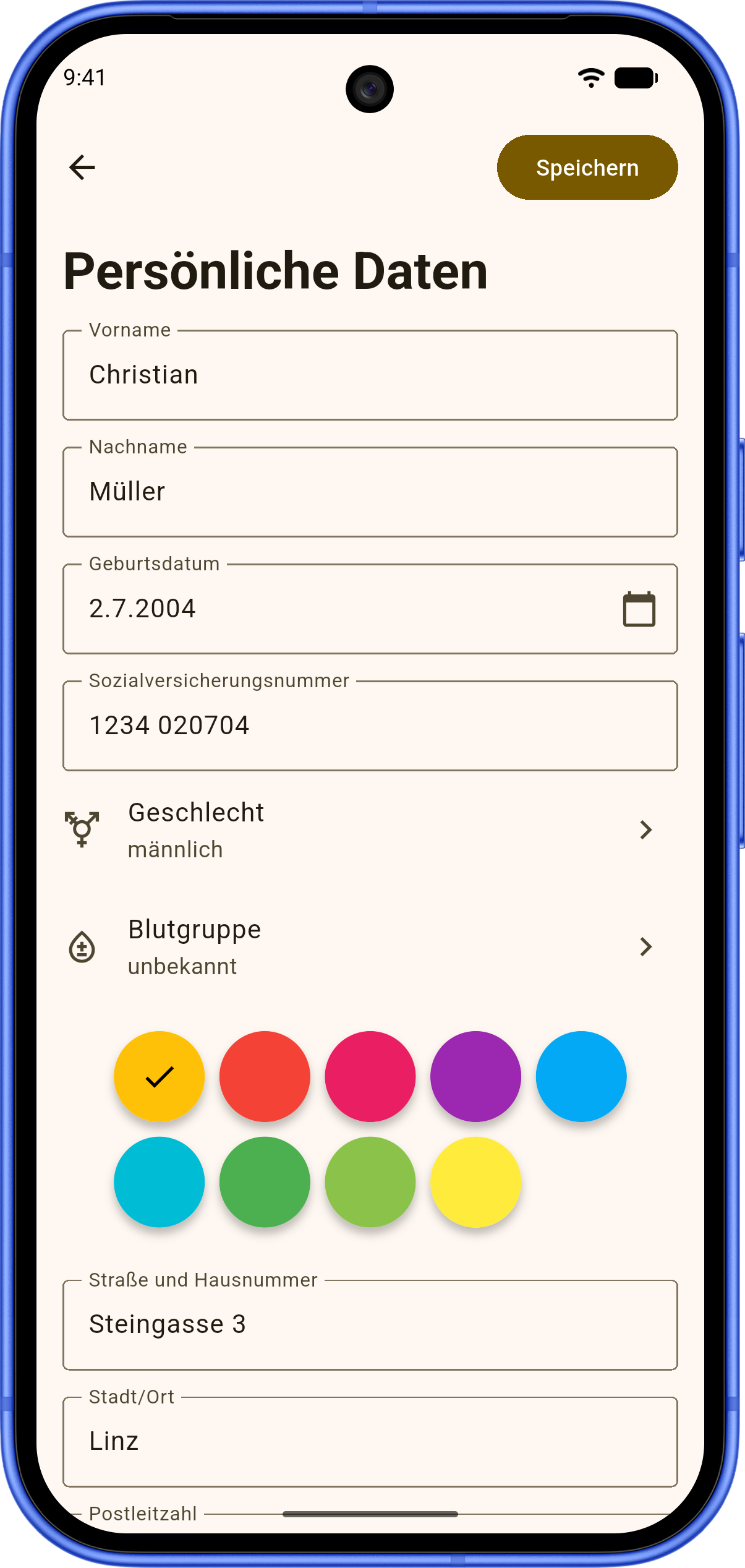 Android-App: persönliche Daten und Farbauswahl für einen Impfpass